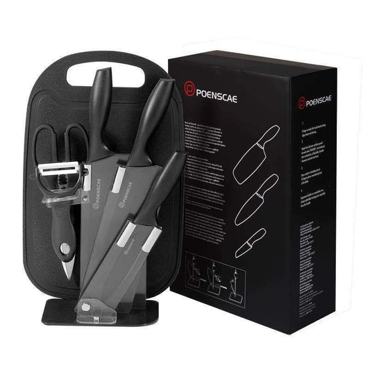 POENSCAE 6-Piece Professional Knife Set with Cutting Board and Stand