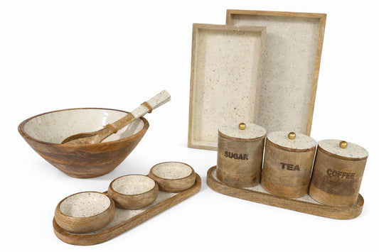 Rustic Wood & Speckled Ceramic Kitchen Storage & Serving Set