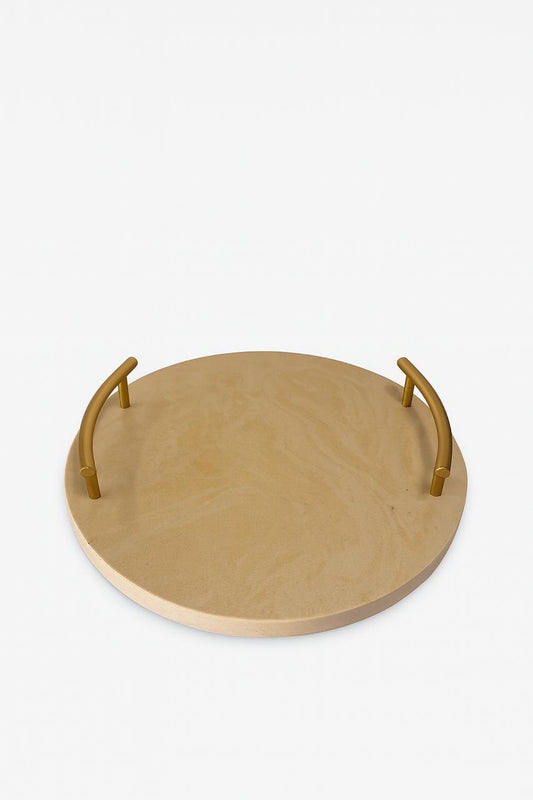 Round Beige Serving Tray with Gold Handles