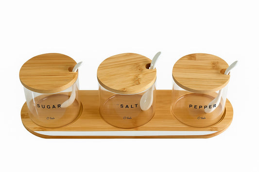 3-Piece Glass Spice Jar Set with Wooden Lids & Spoons