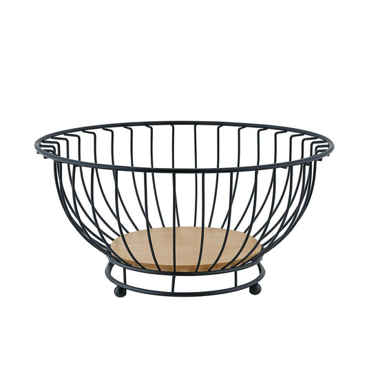 Round Black Wire Fruit Basket with Bamboo Base