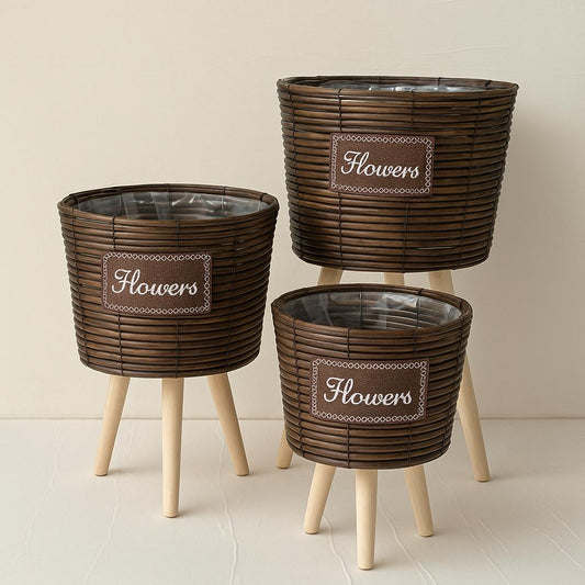 Set of Dark Brown Woven Flower Baskets with Wooden Legs