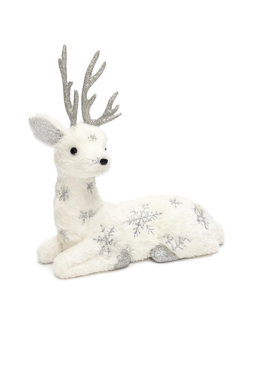 White Reindeer Figurine with Silver Antlers and Snowflake Details