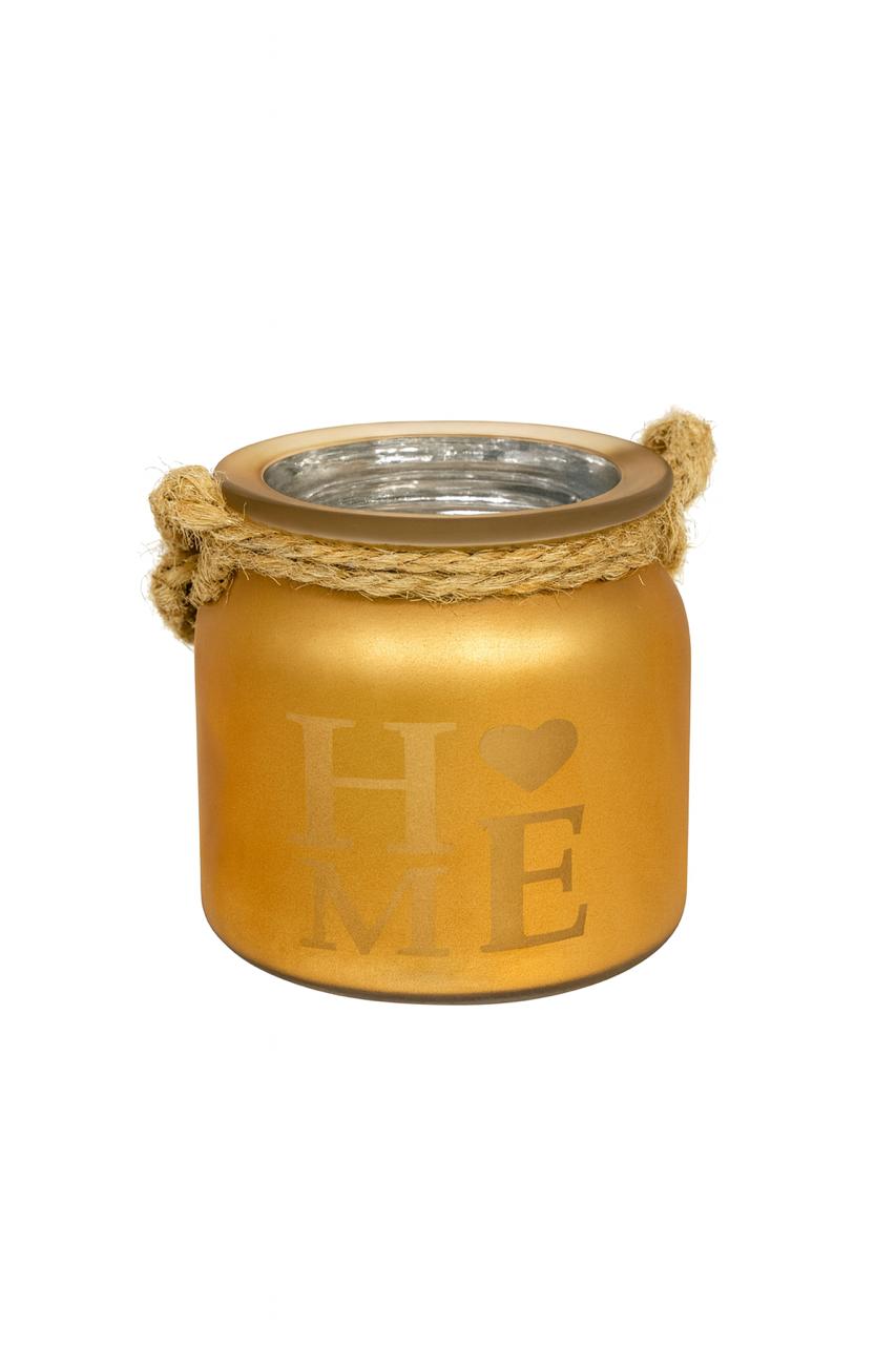 Frosted “Home” Glass Candle Holder with Rope Handle — Silver & Gold