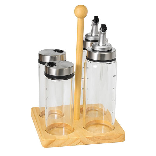 Glass Oil & Spice Dispenser Set with Wooden Stand