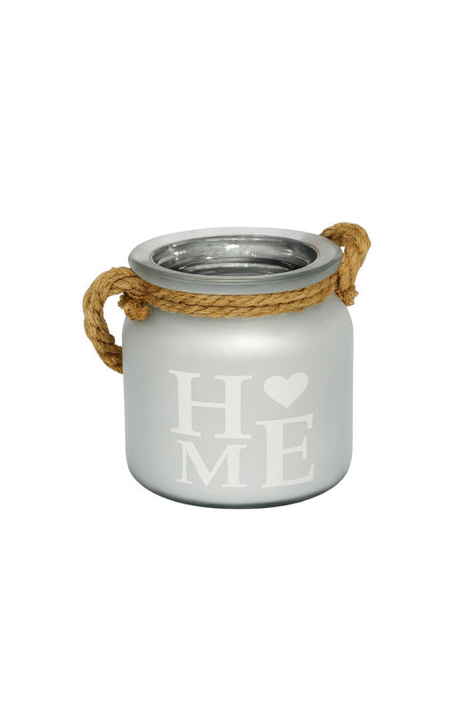 Frosted “Home” Glass Candle Holder with Rope Handle — Silver & Gold