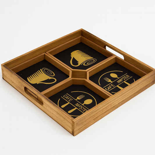 Wooden Coffee & Snack Serving Tray with Compartments