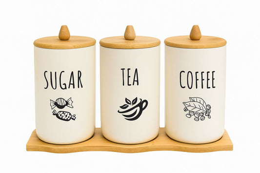 Porcelain Tea, Coffee & Sugar Canister Set with Bamboo Lids