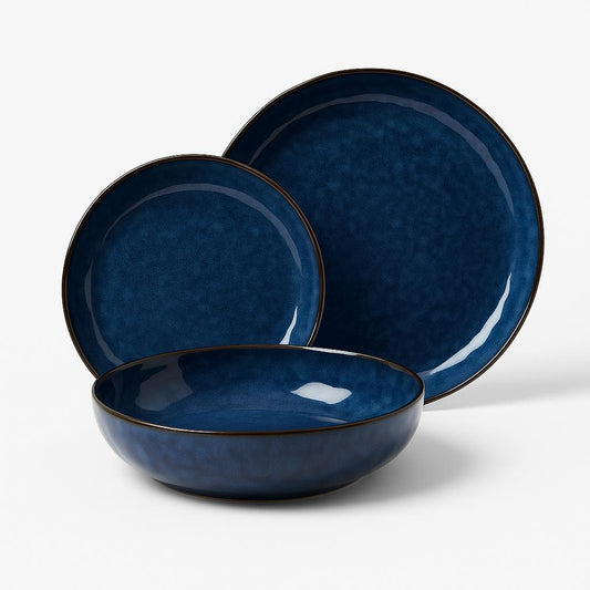 Stoneware Dinnerware Set – Ocean Blue with Dark Rim
