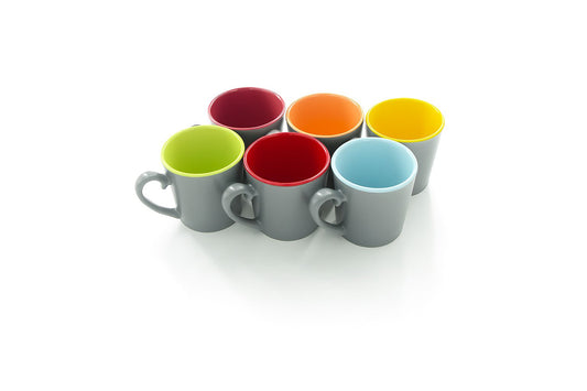 Dual-Tone Porcelain Mugs – Set of 6 (Gray Exterior, Colorful Interior)