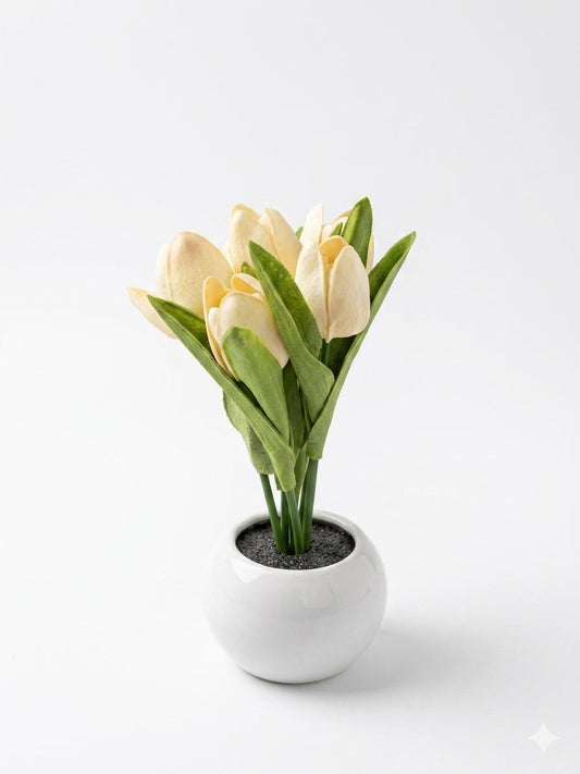 Artificial Cream Tulip Plant in White Decorative Pot