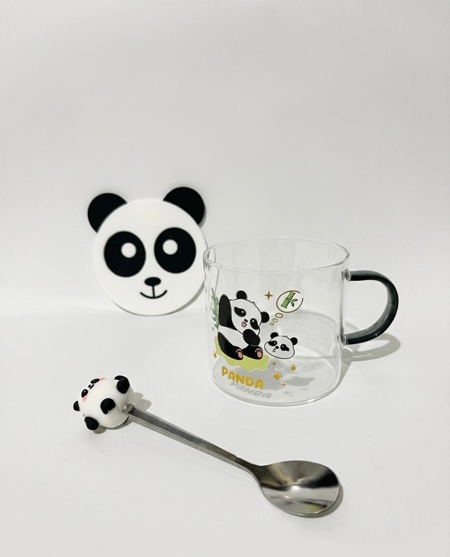 Panda Glass Mug Set with Spoon & Lid