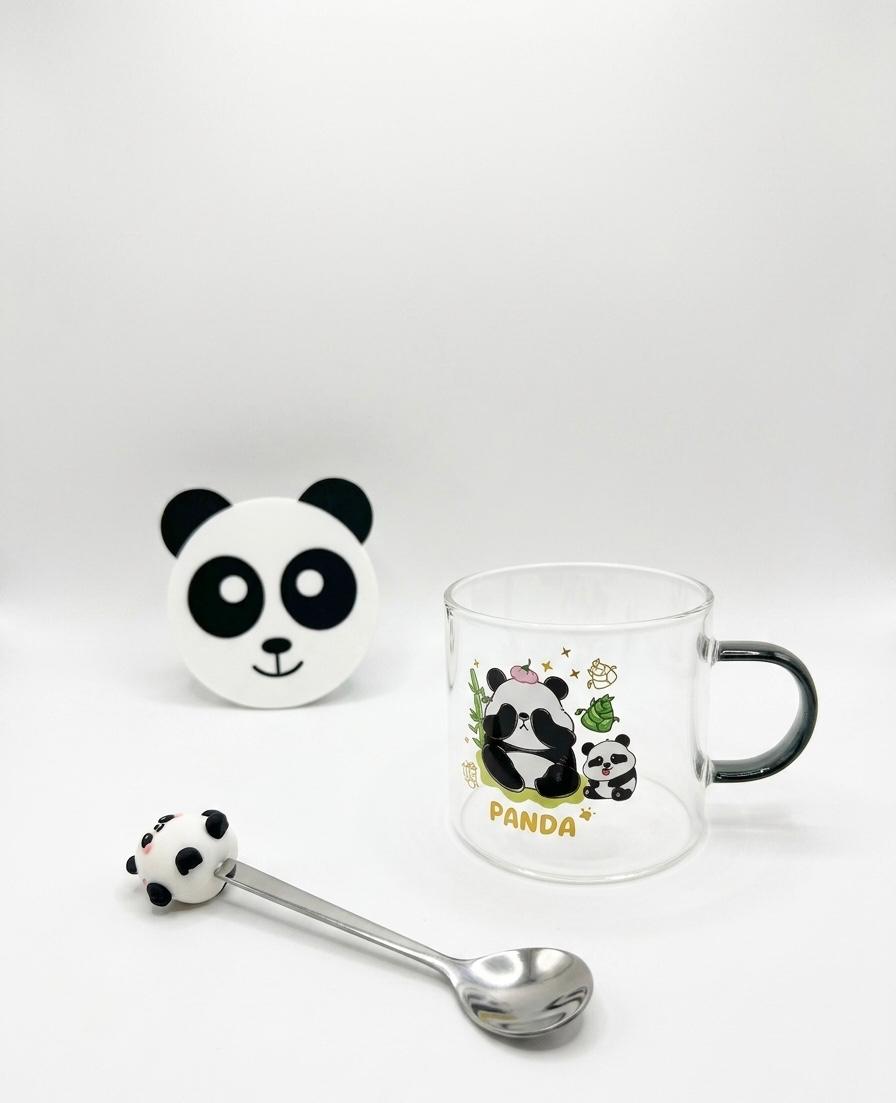 Panda Glass Mug Set with Spoon & Lid