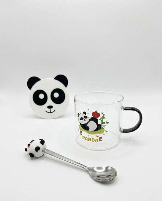 Panda Glass Mug Set with Spoon & Lid