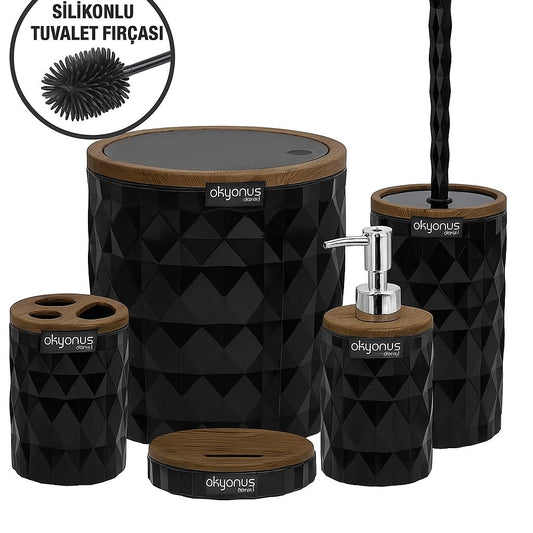 Modern Black Diamond Bathroom Accessory Set – 5 Pieces with Silicone Toilet Brush