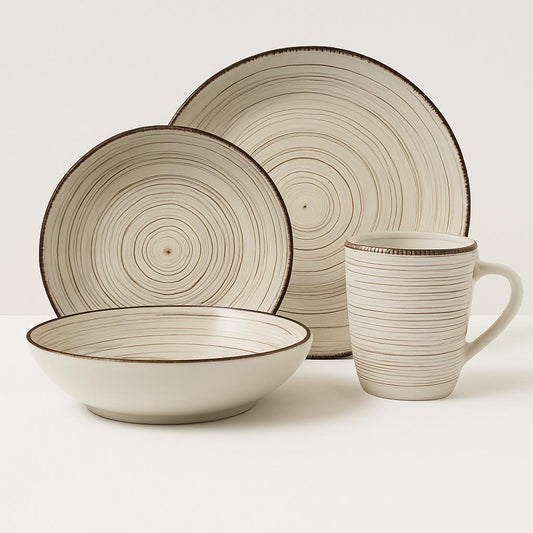 Rustic Stoneware Dinnerware Set – Woodgrain-Inspired Design
