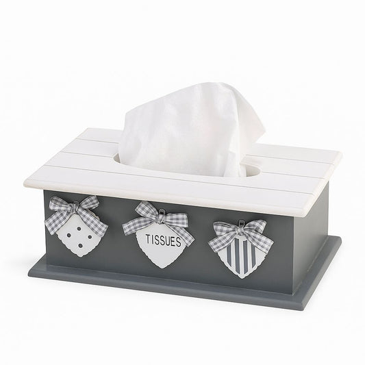 Rustic Heart Tissue Box Cover – Grey & White with Bows