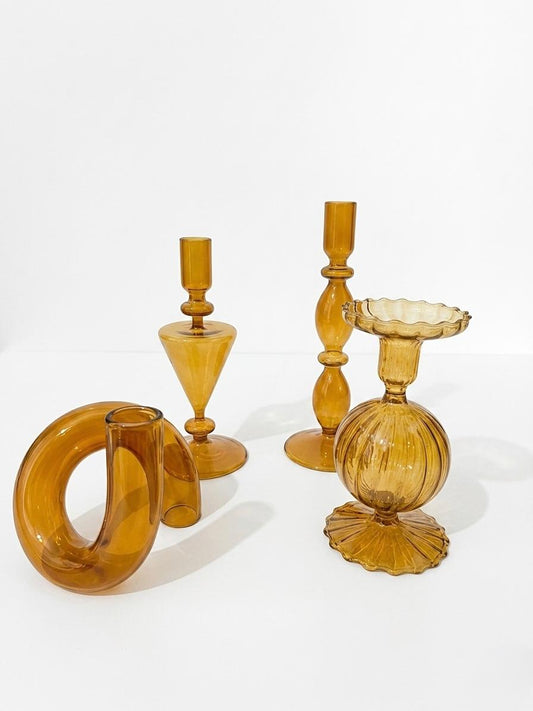 Set of Decorative Amber Glass Candle Holders