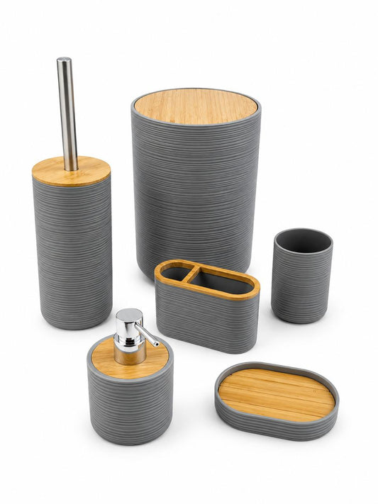 6-Piece Grey & Bamboo Bathroom Accessories Set