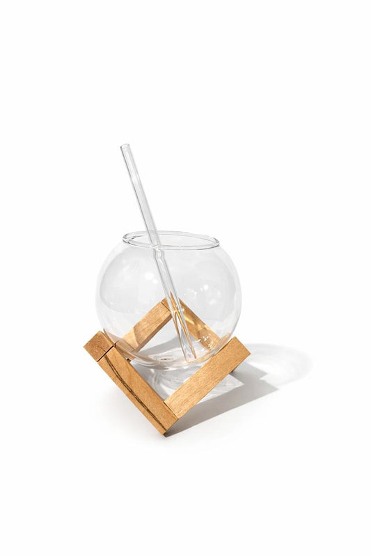 Modern Glass Cup with Wooden Stand & Straw