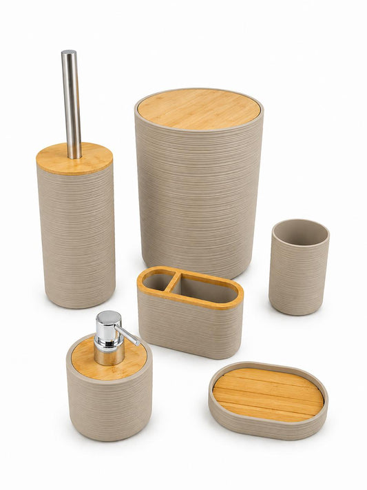 6-Piece Beige & Bamboo Bathroom Accessories Set