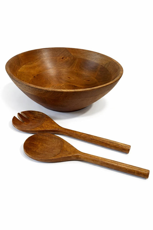 Wooden Salad Bowl with Serving Spoons