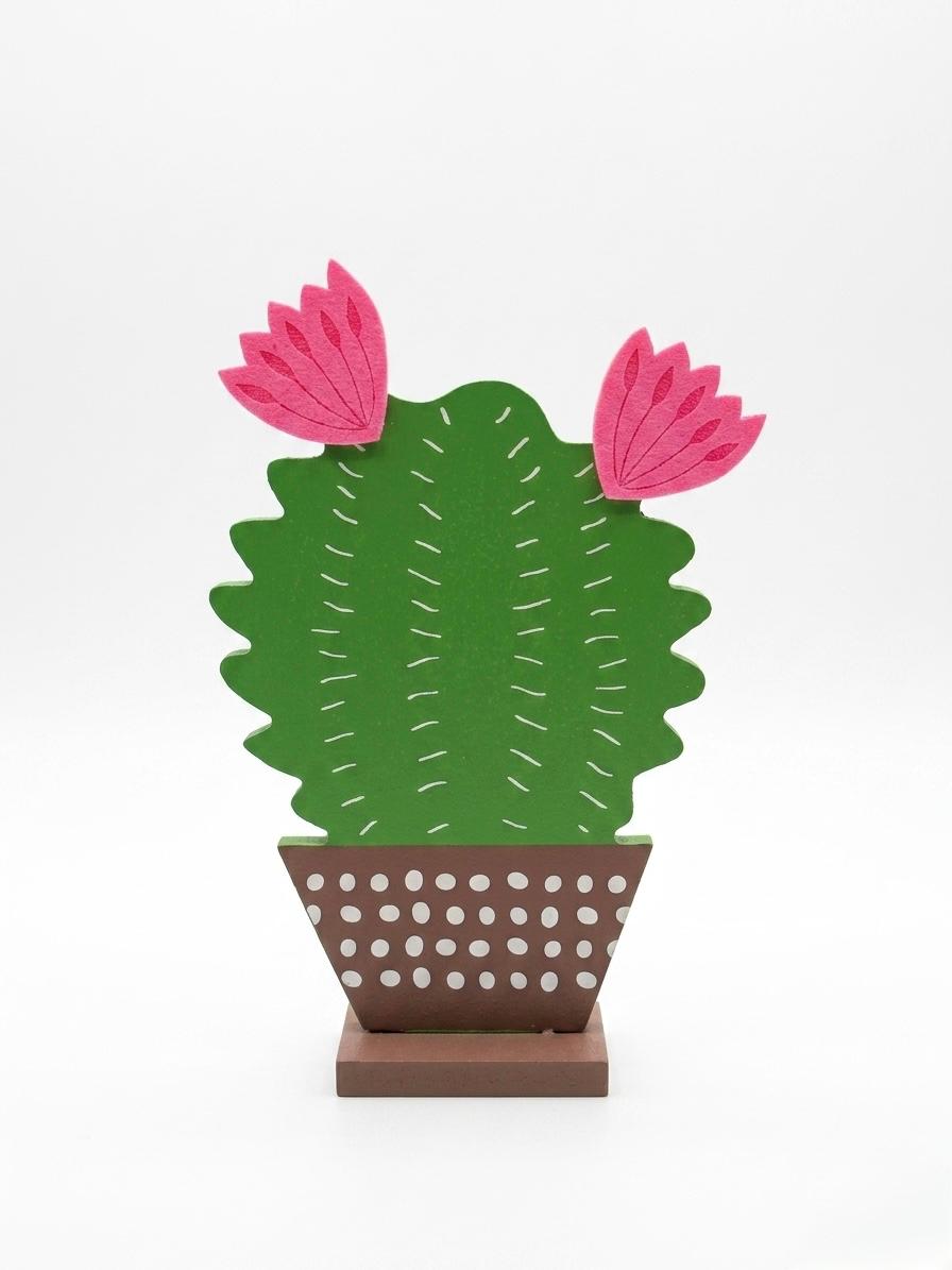 Decorative Cactus Wooden Sculpture with Pink Flowers