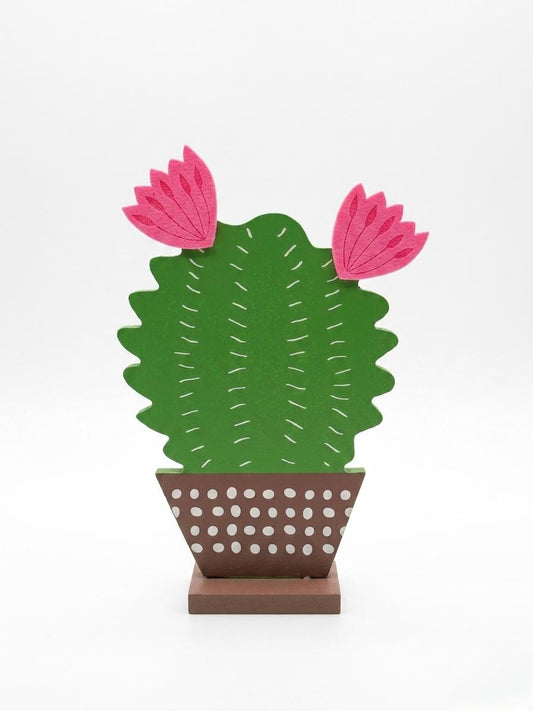 Decorative Cactus Wooden Sculpture with Pink Flowers