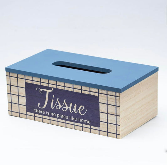 "There Is No Place Like Home" Wooden Tissue Box – Blue & Natural