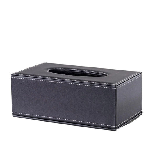 Classic Dark Brown Leather Tissue Box Cover – Elegant with White Stitching