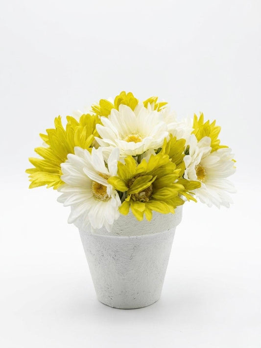 Artificial Yellow & White Daisy Arrangement in Decorative Pot