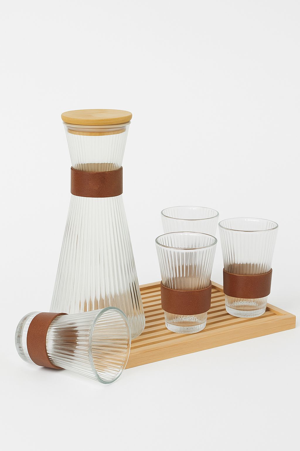 Ribbed Glass Carafe & Tumbler Set with Leather Grip – 6 Pcs + Tray