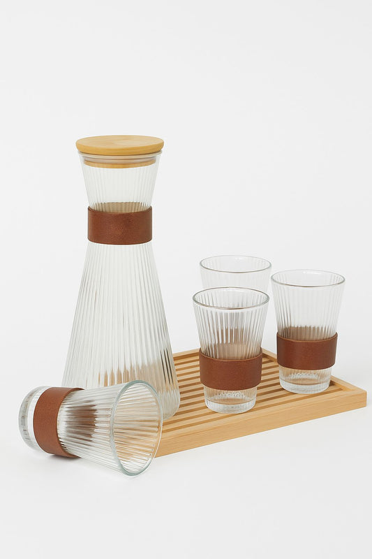 Ribbed Glass Carafe & Tumbler Set with Leather Grip – 6 Pcs + Tray