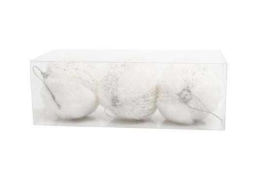 White Faux Fur & Silver Knit Ornaments – Set of 3 (8cm)