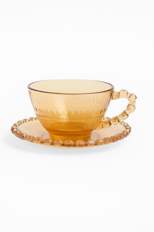 Amber Glass Tea Cup Set – 6 Cups with Matching Plates
