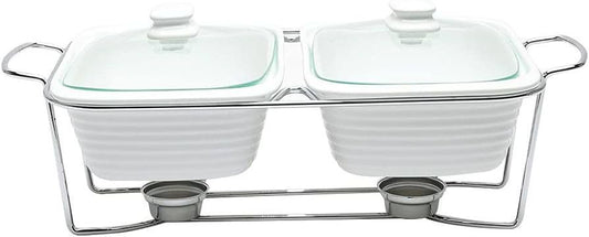 Double Buffet Warmer with Metal Stand & Glass Lids