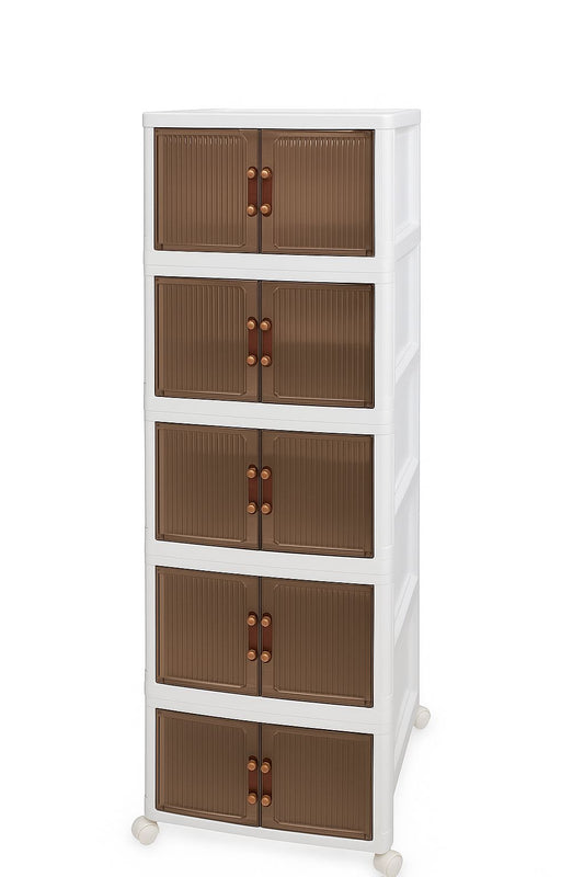 5-Tier Plastic Storage Cabinet with Double Doors – Brown & White