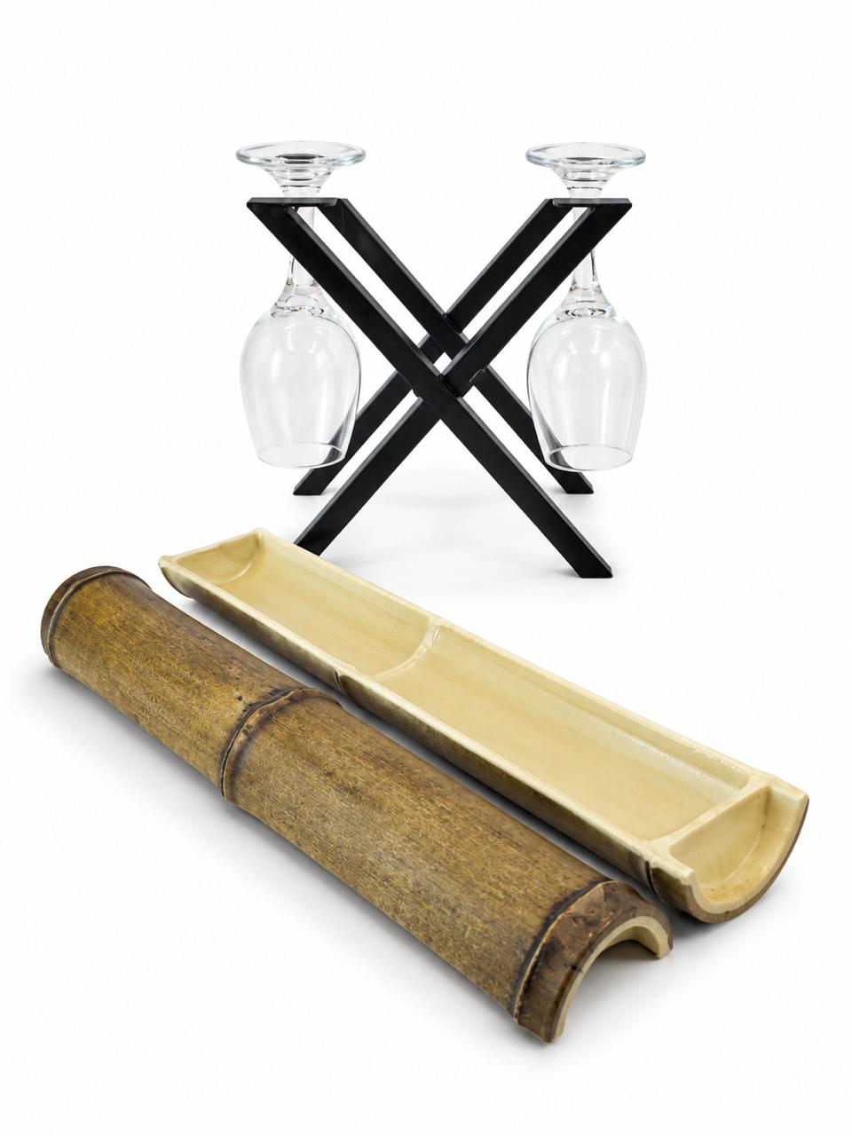 Wine Stand & Bamboo Serving Tray Bundle – 7 Pieces