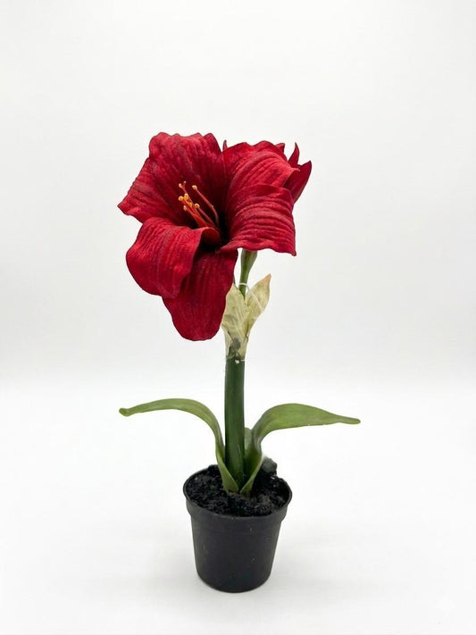 Red Amaryllis Artificial Plant in Black Pot
