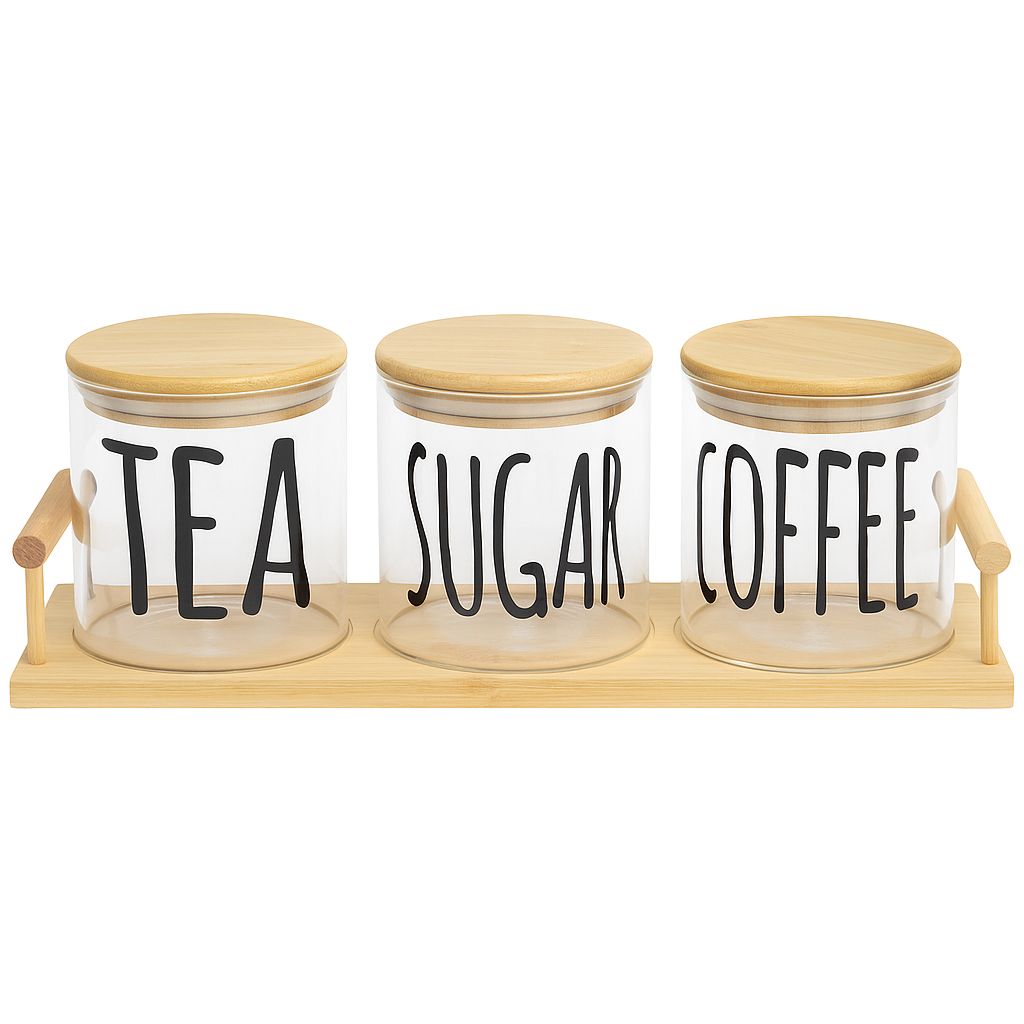 Tea, Sugar & Coffee Jar Set with Wooden Tray