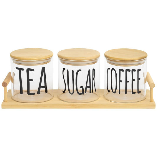 Tea, Sugar & Coffee Jar Set with Wooden Tray