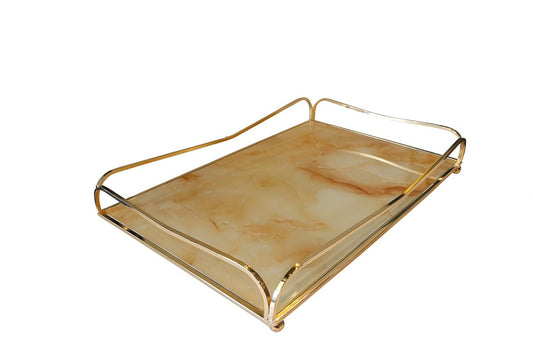 Luxury Rectangular Serving Tray with Golden Frame & Marble-Look Base