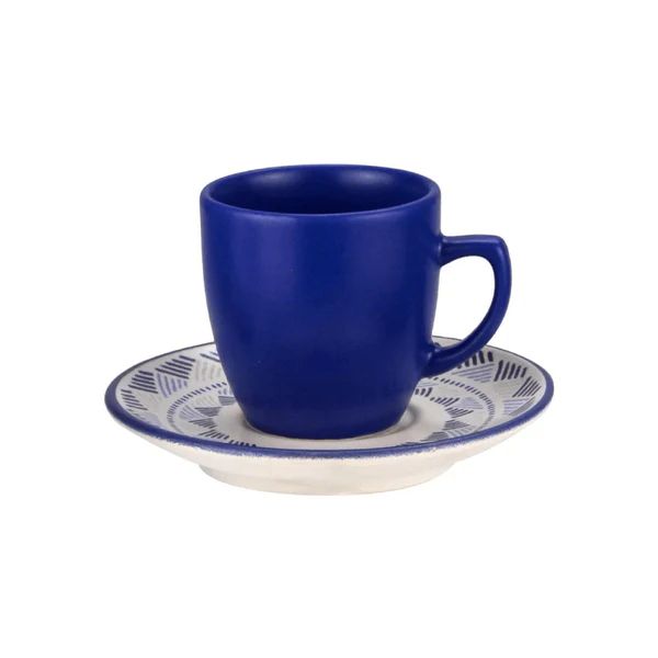 Navy Blue Turkish Coffee Set – 6 Cups with Patterned Plates