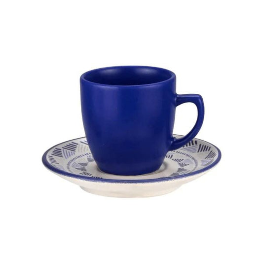 Navy Blue Turkish Coffee Set – 6 Cups with Patterned Plates