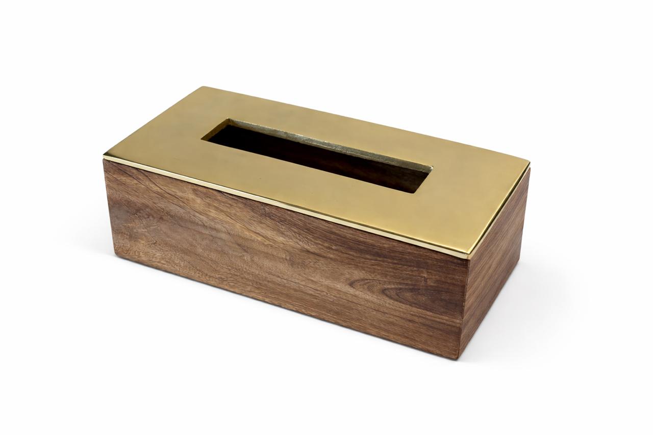 Wooden Tissue Box with Gold Metal Lid
