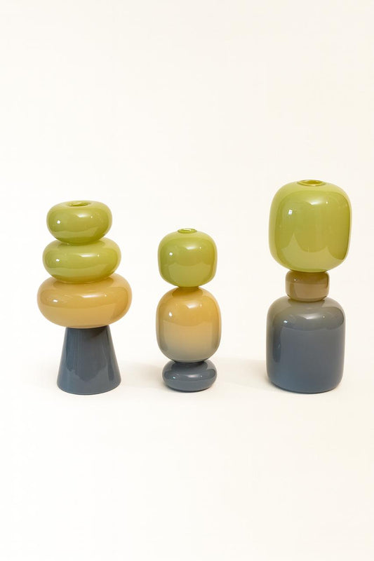 Set of 3 Modern Glass Vases – Green, Amber & Grey Tones