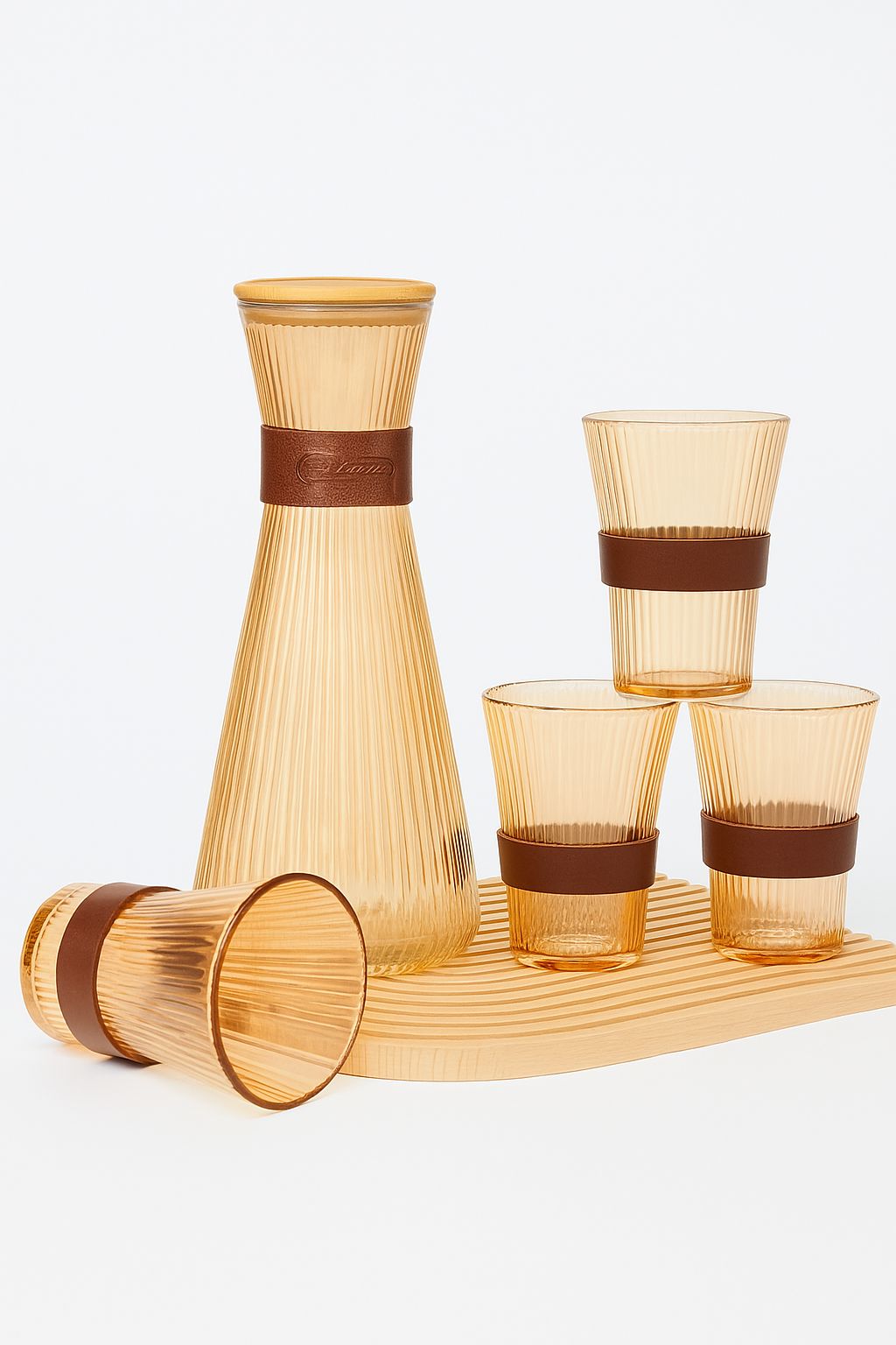 Ribbed Glass Carafe & Tumbler Set with Leather Grip – 6 Pcs + Tray