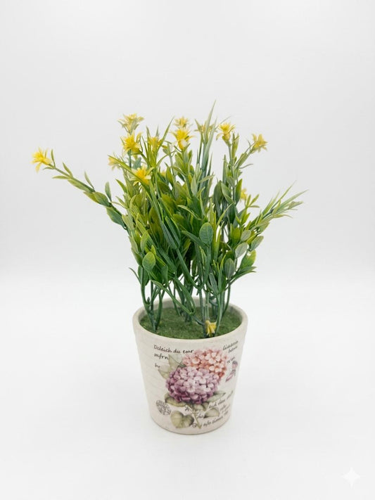 Artificial Yellow Floral Plant in Printed Decorative Pot
