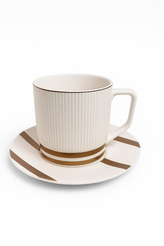 Elegant Beige & Gold Tea Cup Set – 6 Pieces with Plates