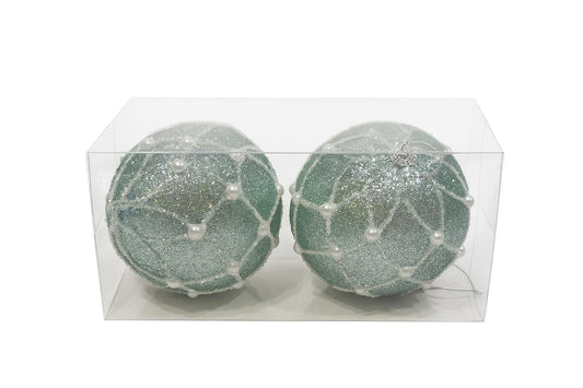 Mint Green Glitter & Pearl Net Ornaments – Set of 2